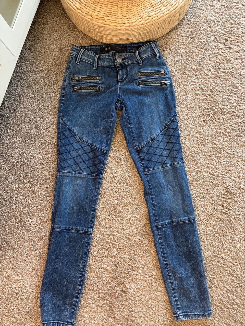 GUESS - Women's Dark Blue Quilted Moto Skinny Jeans